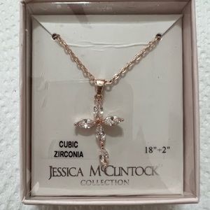 Jessica McClintoc   gold tone CZ cross necklace new in original box
